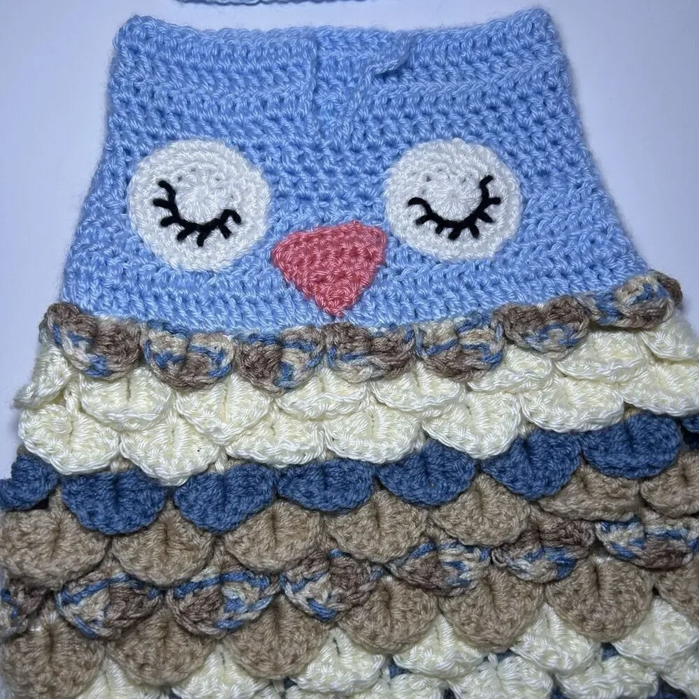 Newborn Crochet Owl Cocoon Outfit Set Blue Cream Brown Photo Prop Handmade
